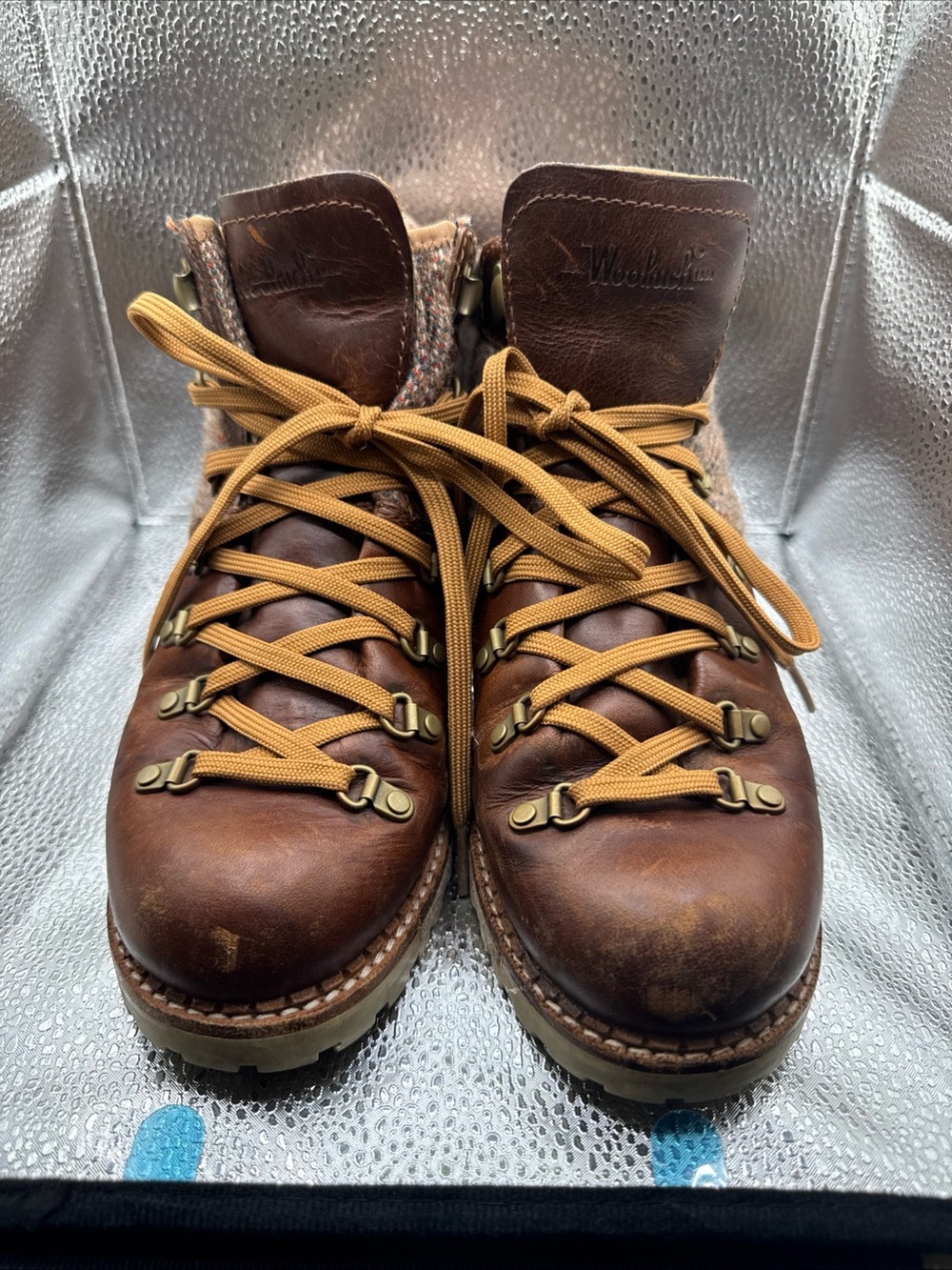 Woolrich Brown Leather Ankle Hiking Booties with Mustard Laces